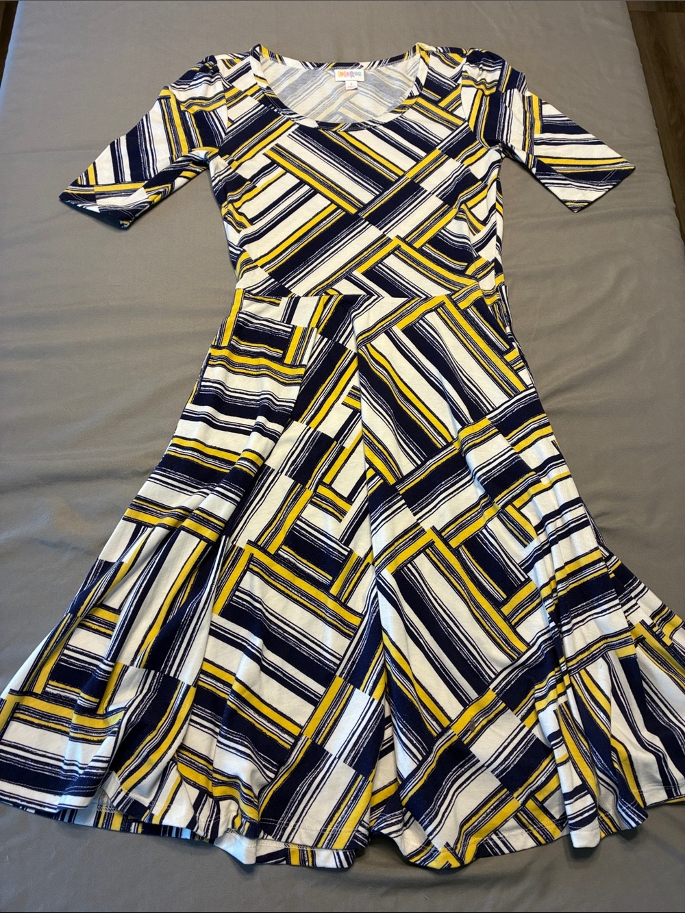 LuLaRoe Navy, Yellow & White Geometric Midi Dress